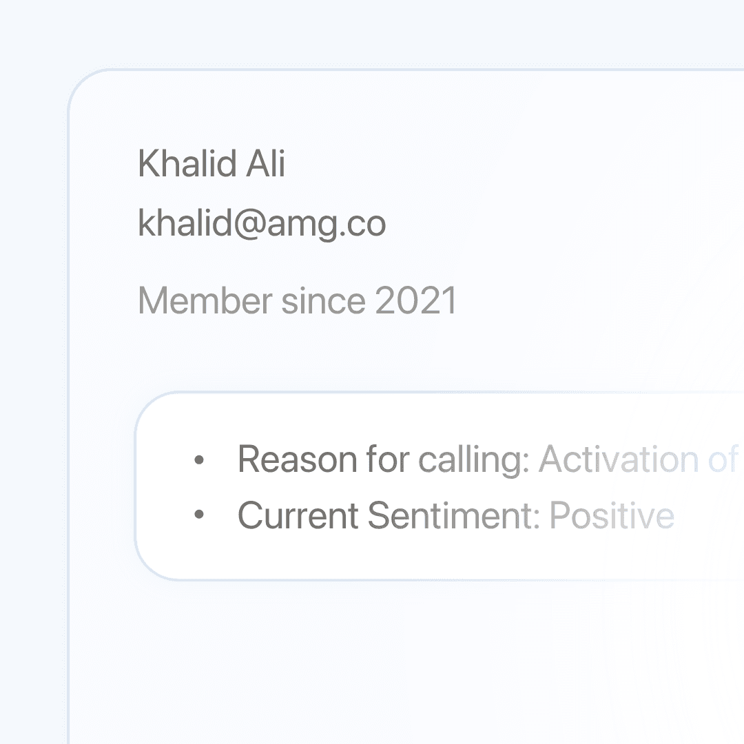 Customer profile card showing Khalid Ali, member since 2021, with reason for calling: Activation and current sentiment: Positive.
