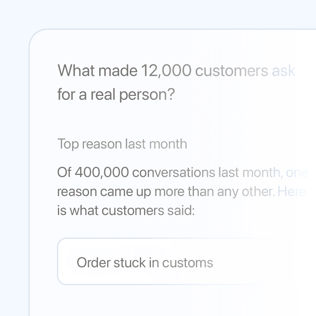 Insights report asking what made 12,000 customers ask for a real person, with order stuck in customs surfaced as the top reason from 400,000 conversations.